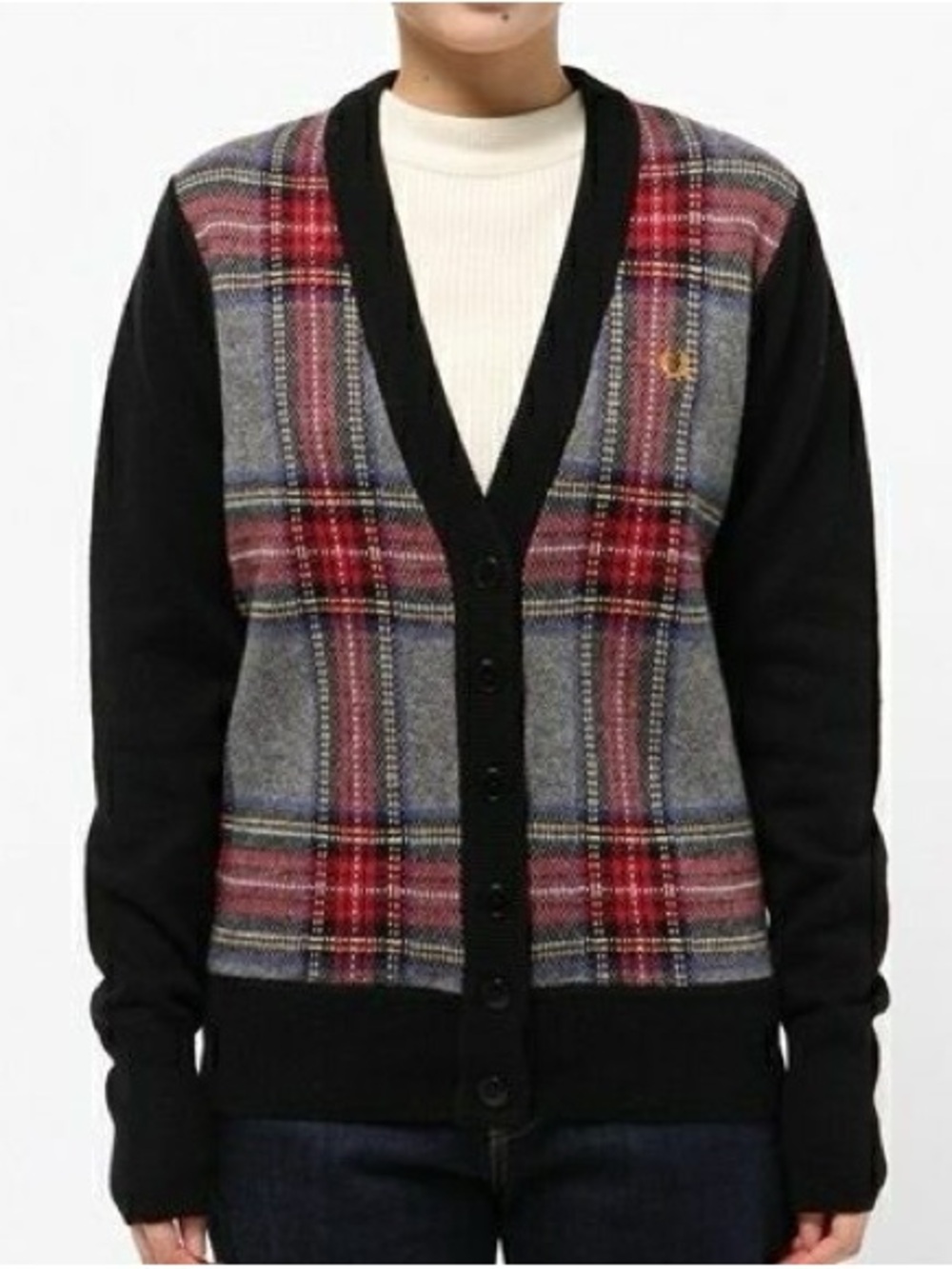 Fred Perry Plaid Tartan V-Neck Knit Cardigan Sweater UK 10 US 6